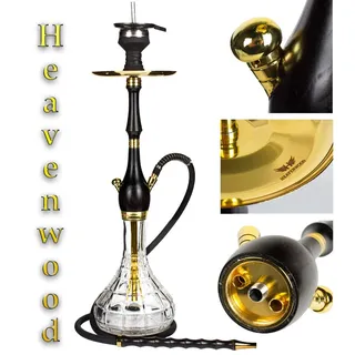 Heavenwood© Holz Shisha Set Edelstahl schwarz 65cm Hookah V2A Komplettset in Gold | Wasserpfeife Closed Chamber Silikonschlauch Holzmundstück Steinkopf
