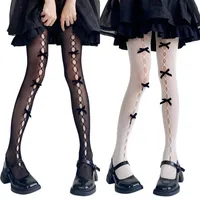 AKAMAS 2 Paar Damen Elastisch Hohe Taille Fischnetze Strumpfhose,Netzstrümpfe Mit Fliege,Halterlose Strümpfe Kniestrümpfe,Gothic Lolita Durchbrochene Strümpfe mit Schleifen,Mesh Lange Socken A - 35-41