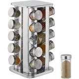 Relaxdays Gewürzkarussell mit 20 Gewürzgläsern, 360° drehbar, Edelstahl, Glas, Gewürzregal HxD 34 x 19 cm, eckig, silber,