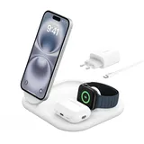 Belkin BoostCharge Ladegerät induktive 3-in-1 Ladestation Qi2, 15 W, klappbar MagSafe-kompatibles Ständer für Apple iPhone 17, Air, 16, Pixelsnap, Apple Watch, AirPods, mit Netzteil – Weiß