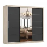 imoebel24 Schwebetürenschrank, Sonoma Eiche, Schwarz, Holzwerkstoff, 9 Fächer, Rechteckig, 250x218x61 cm, Schlafzimmer, Kleiderschränke, Schwebetürenschränke