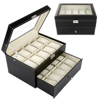 XUANYU Uhrenbox mit 20 Fächern und Glasfenster Uhren Aufbewahrungbox aus PU Leder und Samt, Schwarz-beige