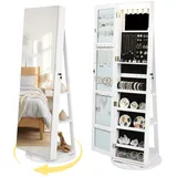 Furniturer Schmuckschrank Mit Ganzkörperspiegel, Drehbarer Schmuckschrank Abschließbar, Stehender Schmuckorganizer Mit Spiegel Und Großer Aufbewahrung Für Ringe Ketten Ohrringe, Weiß