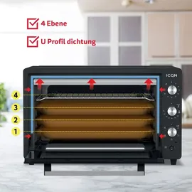 ICQN Minibackofen 60 Liter XXL mit Umluft, Drehspieß, Emailliert, Anthrazit