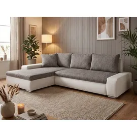 beautysofa L-Form Ecksofa TEO mit Bettkasten Schlaffunktion, Schlafecke - Sofa Webstoff Kunstleder, Ecke (Stoff: berlin 01 + madryt 120, Seite: links) - Grau/Weiß