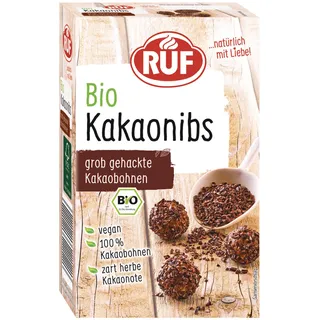 RUF Bio Kakao Nibs, 100% grob gehackte Kakao-Bohnen, mit zart herber Kakao-Note, vegan & in Bio-Qualität, als Topping für Bowls & Desserts, 1 x 150g