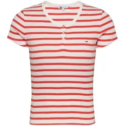 Tommy Jeans für Damen. DW0DW19502 Kurzarm-T-Shirt slim button rot (M), Lässig, Bio-Baumwolle, Nachhaltig