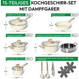 just perfecto household appliances Just Perfecto JL-779: 15-teiliges Kochgeschirr-Set aus Granit mit Dampfgarer ? Beige) - Weiß