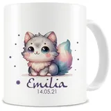 Samunshi® Kindertasse mit Namen Tasse mit Süße Katze Personalisierte Tasse mit Namen Kinder Kinderbecher mit Namen für Kindergarten oder Geburtstag weiß 300ml