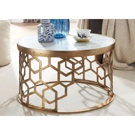FineBuy Couchtisch Rund Weiß/Gold Marmor 60 x 60 x 36 cm