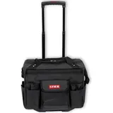 Stier Werkzeugtrolley Premium+, leer und unbestückt, schwarzer Werkzeugkoffer, reißfestes Polyester, 19 Fächer, Leichtlauf-Rollen und ergonomischer Griff