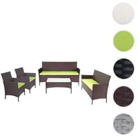 3-2-1-1 Poly-Rattan Garten-Garnitur Halden, Lounge-Set Sitzgruppe Sofa ~ braun-meliert, Kissen gr√on