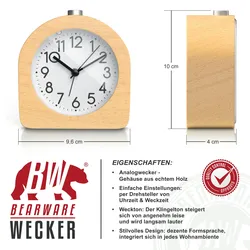BEARWARE Wecker analog ohne Ticken - halbrund - Holz hell - Retro Design - beleuchtetes Ziffernblatt mit Licht - lautlos - Reisewecker - Weckton