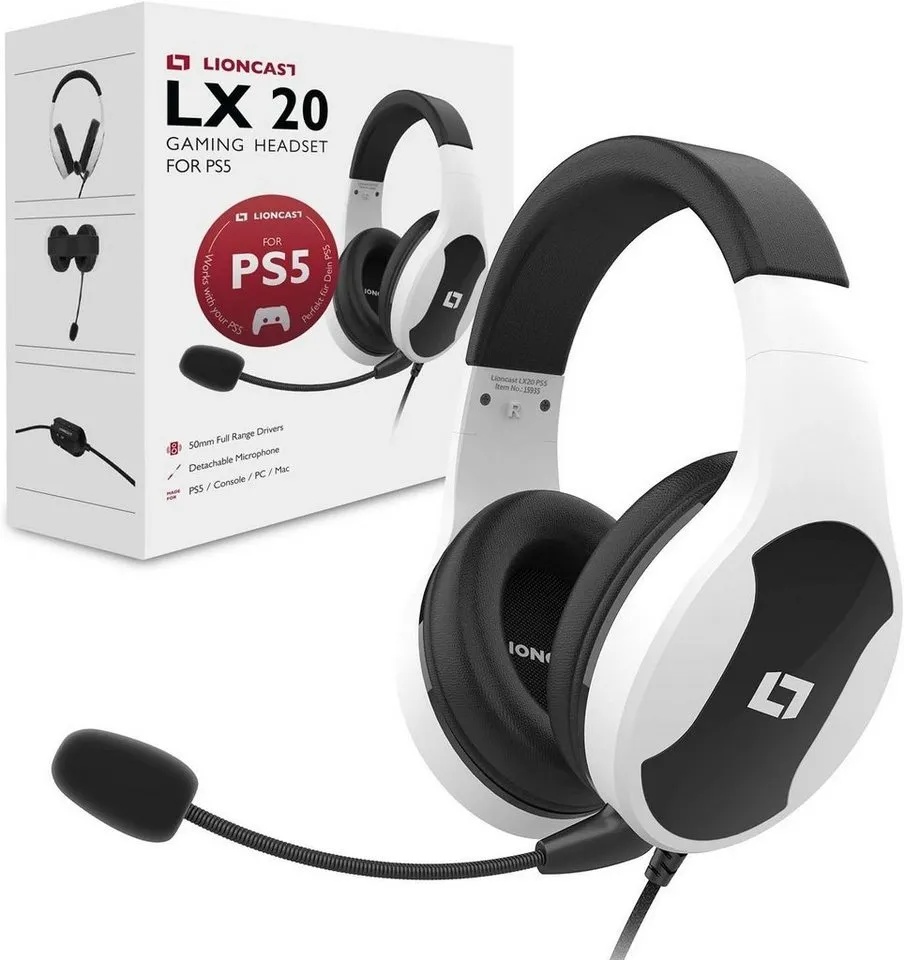 Lioncast lx20 Gaming-Headset (Kopfhörer Weiss mit Stereo-Sound, Gaming Headset mit Mikrofon Headset leicht - Geschlossene Over Ear) weiß