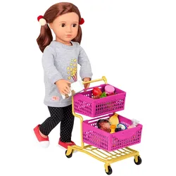 Our Generation Deluxe Einkaufswagen pink/gelb & Lebensmittel