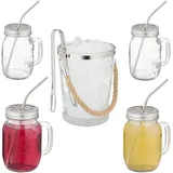 Relaxdays Trinkgläser mit Deckel, Set, 4 Cocktailgläser 500ml, Schraubdeckel, Trinkhalm, Eiseimer und Zange, transparent