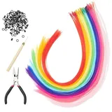 50 Stück Extension Bunt, Synthetisch Haarsträhnen Extensions Haarsträhnen Set Bunte Haarverlängerungs Set mit 50 Silikonring Kunst Haare Extensions für Party, Halloween, Cosplay Mädchen Damen
