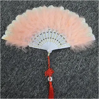 Federfächer, Strauß Marabou Feder Handfächer, Faltfächer mit Anhänger Geschenk(Champagne With Knot)
