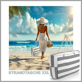 BigDean Strandtasche XXL Grün/Weiß/Grau 53 x 38 x 20 cm