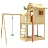 Jungle Gym Spielturm JUNGLE GYM "Firehouse", braun (kdi), Spieltürme, KinderB:342cm H:310cm T:257cm, Holz, Spielanlage mit Schaukel und Feuerwehrstange, B:342cm H:310cm T:257cm