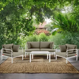 Konsimo Gartenmöbelset RAMBE 4-tlg. 1x Tisch 2x Sessel 1x Sofa 2-Sitzer, mit Kissen, LOFT-STIL, Weiß/Cremeweiß - Creme