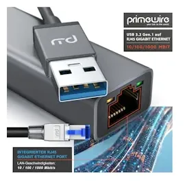Primewire Netzwerk-Adapter USB Typ A zu RJ-45 (Ethernet), USB 3.2 Netzwerkadapter extern mit Gigabit RJ45 Anschluss