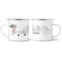 Emaille-Tasse Camper in den Bergen mit Wohnmobil. Personalisierte Tasse aus Emaille. Tasse Berge mit Namen personalisiert. Becher für Wanderer.