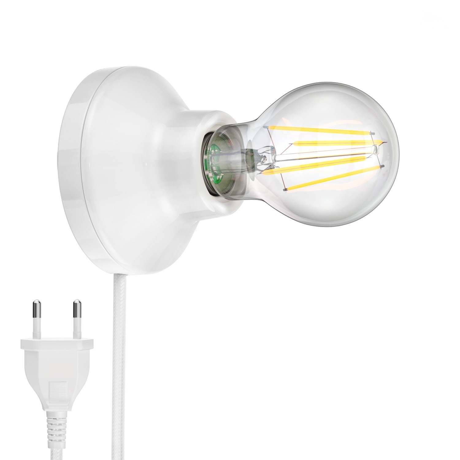 ledscom.de Porzellan Wand-Leuchte Elektra rund Stecker Schalter weiß 90mm + E27 LED Lampe warmweiß 3-Stufen Dimmen: max. 963lm