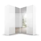 Rauch Quadra Eckschrank, Türendämpfer und Schubladeneinsatz, Glas-/Spiegeltüren weiß 4-trg. mit Spiegel, inkl. 2 Kleiderstangen, 12 Einlegeböden, 3 Schubkästen, BxHxT 181x229x187 cm