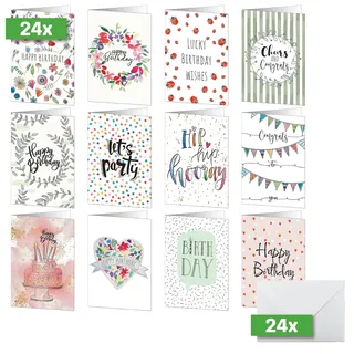 Sigel DS704 Geburtstags-Karten-Set, 24 Stück, A6, inkl. weiße Umschläge, 12 unterschiedliche Geburtstagskarten, aus nachhaltigem Papier