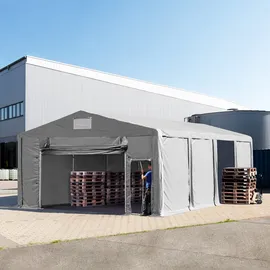 TOOLPORT 8x8 m Zelthalle mit 3m Seitenhöhe Pvc Plane 850 N grau, wasserdicht Ganzjahreszelt mit Hochziehtor