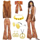 Moiuguli Hippie Kostüm Damen Set, 60er 70er Jahre Faschingskostüm Hippie Kleidung Damen mit Fransenweste Schlaghose Hippie Accessoires, Hippie Kostüm für Karneval Party