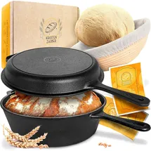 krustenzauber 26cm Gusseisen Topf Brot Backen inkl. Gärkorb - Robuster Brottopf zum backen - Ideale Brotbackform mit Deckel, Gusseisenpfanne, Zube...