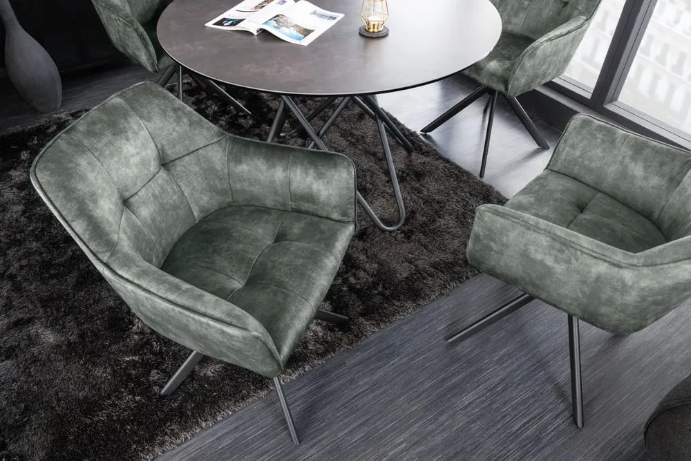 Design Stuhl LOFT grün Samt drehbar Metallgestell schwarz mit Armlehne