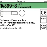 Peiner Umformtechnik Peiner EN 14399-8 Form H Sechskant-Passschraube Gewindetoleranz 6g M16x90 Stahl 10.9 feuerverzinkt