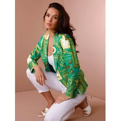 Jackenblazer CREATION L PREMIUM "Seiden-Baumwoll-Blazer", Damen, Gr. 46, bunt (grün, gelb, bedruckt), 80% Baumwolle, 20% Seide, Langarm, Blazer