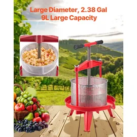 Vevor Obstweinpresse Obstmühle Apfelmühle (9 L), Edelstahlkorb mit dreieckiger Struktur, manueller Entsafter, manuelles Mahlwerk, Apfelweinpresse Traubenpresse mit T-Griff für Küche Zuhause