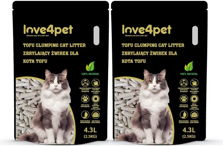 Love4pet super klumpende Tofu-Streu 2x2.5kg 4.3L für Katzen