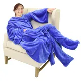 Catalonia Classy Decke mit Ärmeln und Fußtasche Geschenk für Frauen Herren, Flauschig Fleece Tragbare Kuscheldecke mit Ärmeln, Warm Decke zum Anziehen Ärmeldecke Erwachsene, 190 x 135 cm Blau