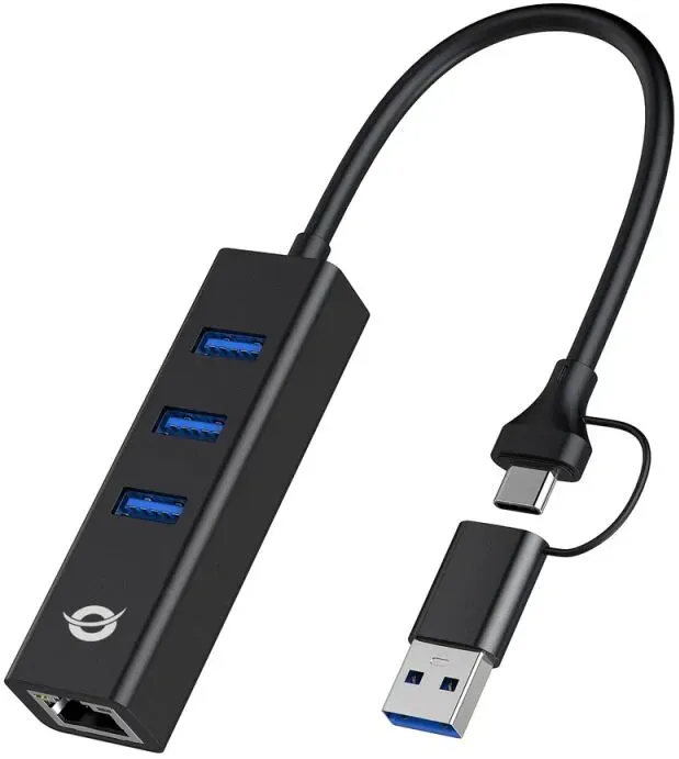 Conceptronic DONN07BA USB zu Gigabit-Netzwerkadapter mit 3-Port-USB-Hub, USB-A x 3, Wake-on-LAN, 2-in-1 USB-C USB-A Cable