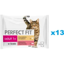 PERFECT FIT Adult Beutel 52x85g: Katzennassfutter mit Huhn, Erbsen, Rindfleisch und Karotten in Sauce