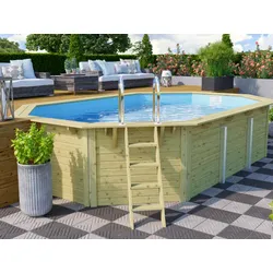 TREND Holzpool Set Achteck Langform 610 x 400 x 124 cm Innenhülle blau