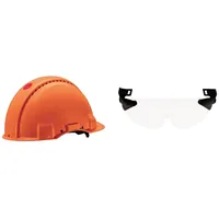 3M Peltor Schutzhelm G3000, G30NUO, mit 3M Uvicator Sensor, ABS, mit Schweißleder und Ratschensystem, belüftet, orange & -V9C Clear Helm integrierte Brille