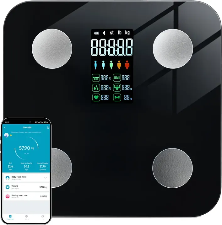Sparoma ZJ08 Digitale Körperanalysewaage mit Farb-LCD – Batteriebetrieben (4×AAA Nicht Enthalten), Bluetooth Körperfett- & Herzfrequenzmessung mit App-Verbindung