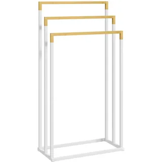 kleankin Handtuchhalter Freistehend, Handtuchständer mit 3 Handtuchstangen Badetuchhalter für Badezimmer, Stahl Bambus