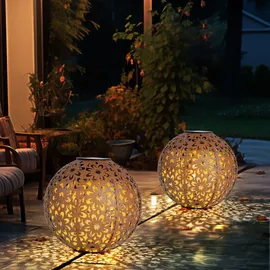 Expo Börse Solarleuchte für Außen Kugel Solar Gartendeko Solarlampe rost Erdspieß, Blumen Dekorstanzungen, Metall, LED warmweiß, D 20 cm, 2er Set