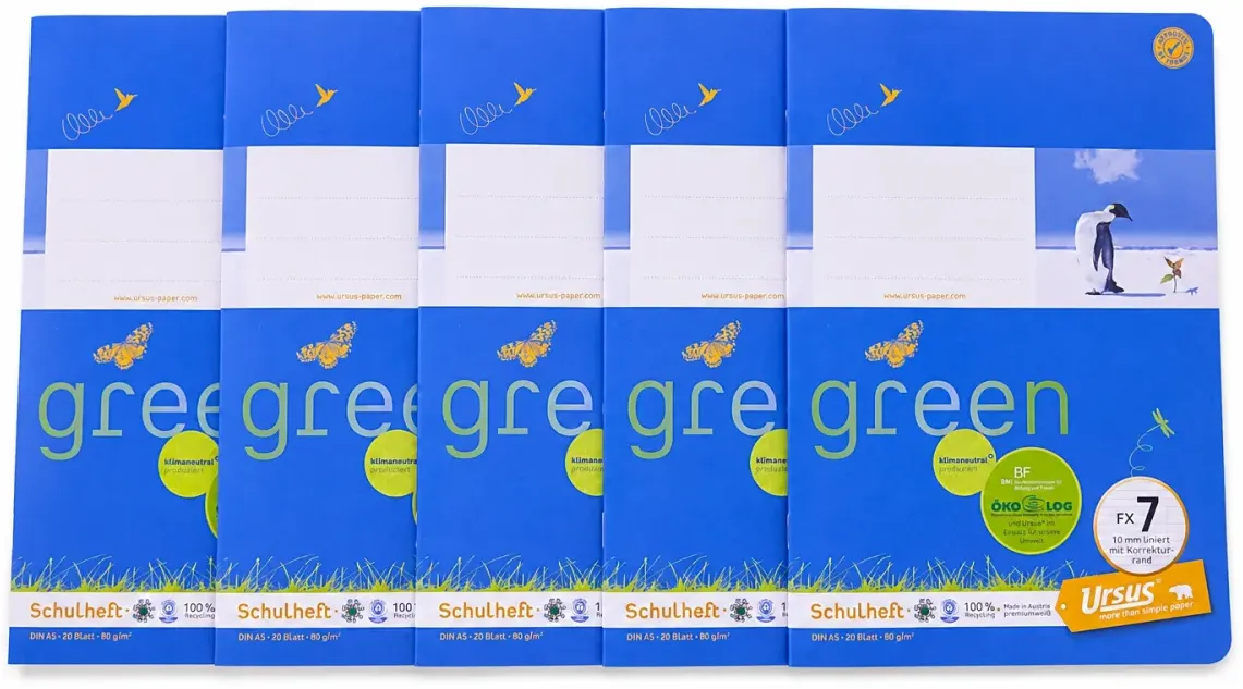 5x URSUS Green Schulheft DIN A5 ? Lineatur 7 ? 20 Blatt ? 80 g/m2 ? Premium-S...