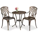 Relaxdays Gartenmöbel Set 3-teilig, Tisch, 2 Stühle, Aluguss, Balkonmöbel Antikdesign, Garten Sitzgruppe, schwarz/Bronze