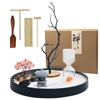 AOVOA Zen Garden Kit, Japanischer Zen Garten Geschenkset, Zen Dekor und Meditationszubehör für Zuhause & Büro mit Stempelkugel (Zen Garten mit Sandkugel)