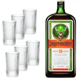 Jägermeister Set – 1 x 6er Set Shotgläser 4cl und 1 x 3l Premium Kräuterlikör 35% Vol. mit integrierter Ausschankhilfe für den perfekten Party Shot – Das Original aus Wolfenbüttel